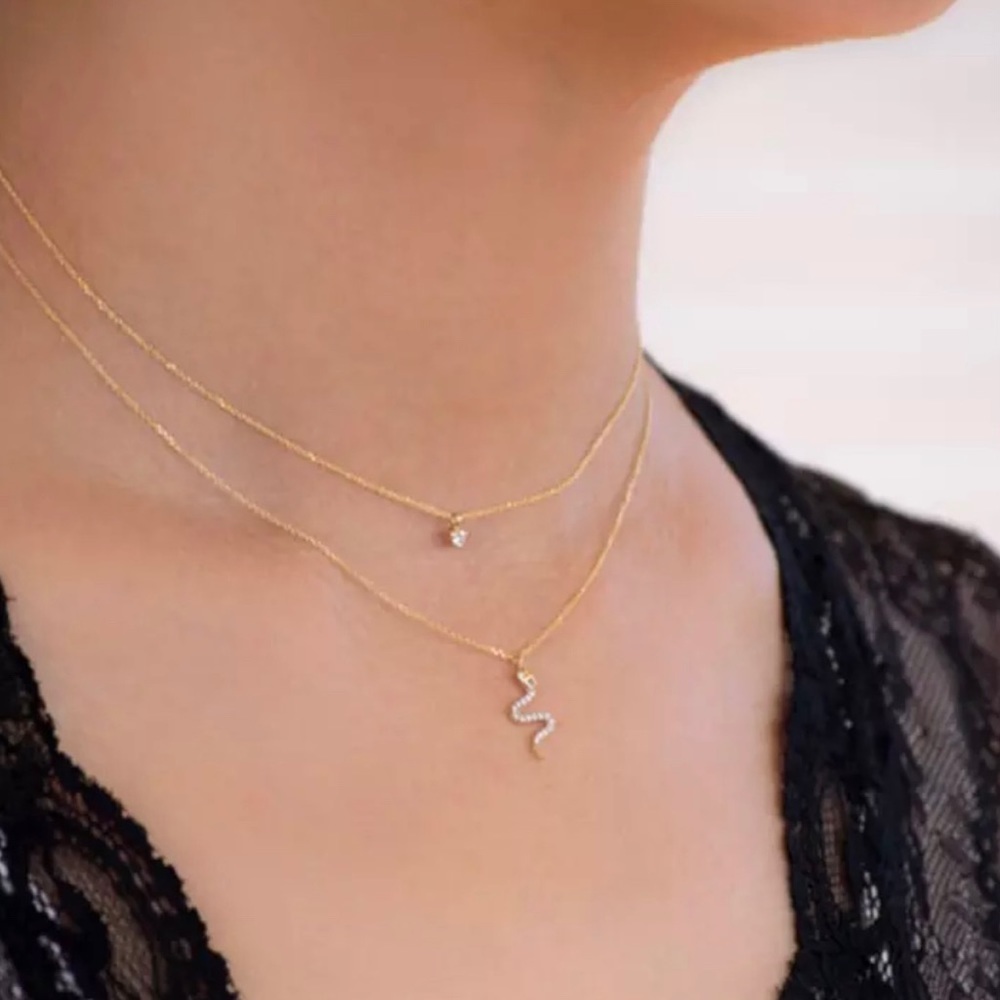 Slither Clear Crystal CZ Snake Curved Pendant 925 Gold Necklace Chain 16.5"
